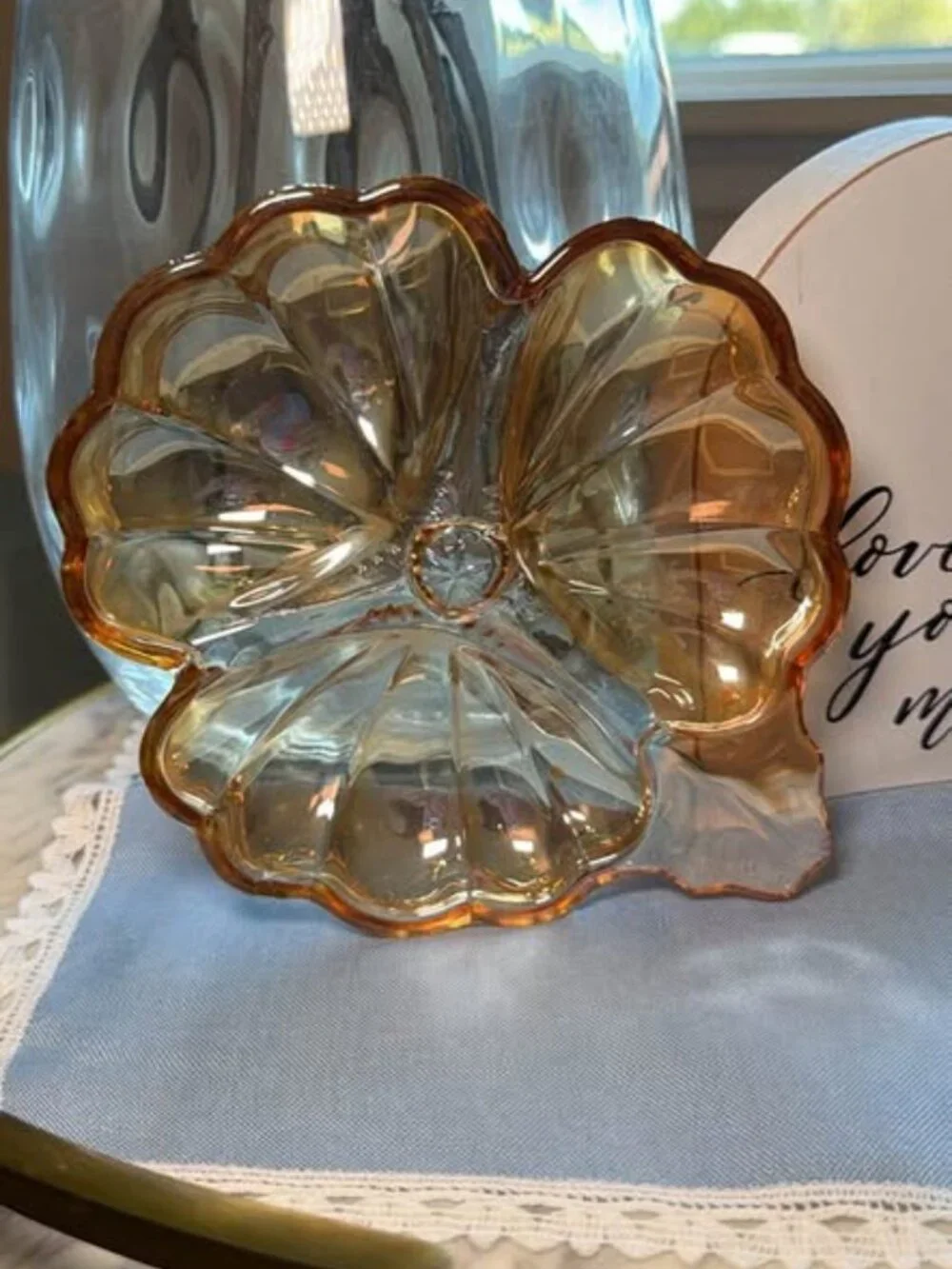 Vintage Marigold Carnival Glass Pansy Dish